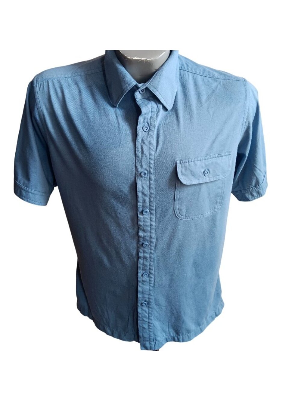 True Vintage Sears Shirt Large Blue Short Sleeve 70's Button-Up Pockets Buttery